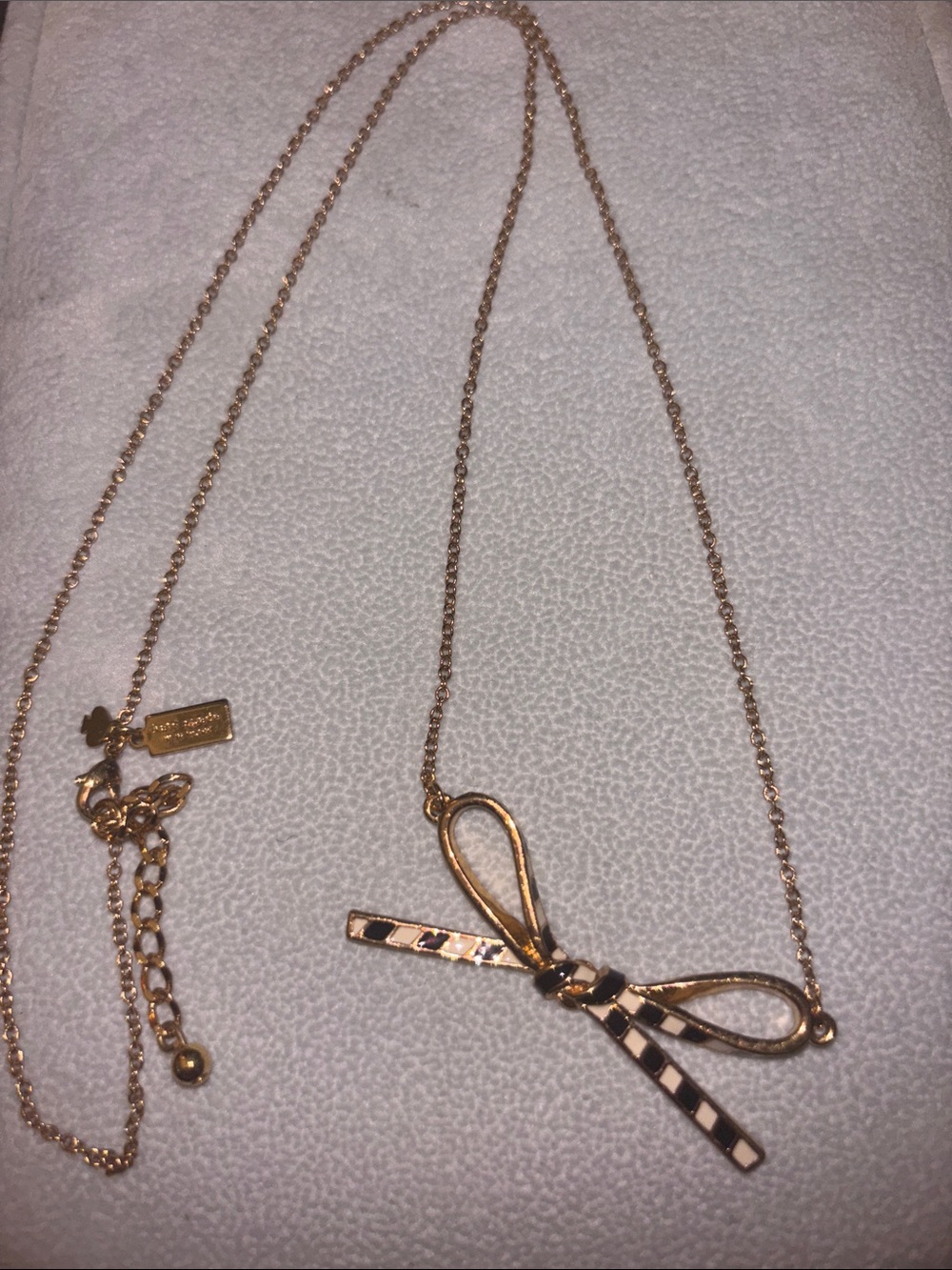 kate spade Gold Bow Pendant Necklace with Black & White stripes